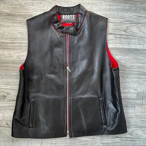 Roots Canada Black Leather Moto Vest Red Fleece Lining